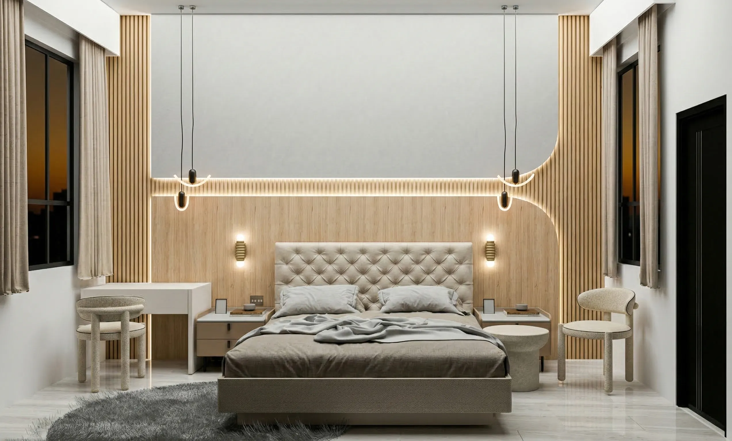 Double-height hotel suite interior with fluted panelling and layered lighting — commercial interior design by PITSAL Interio