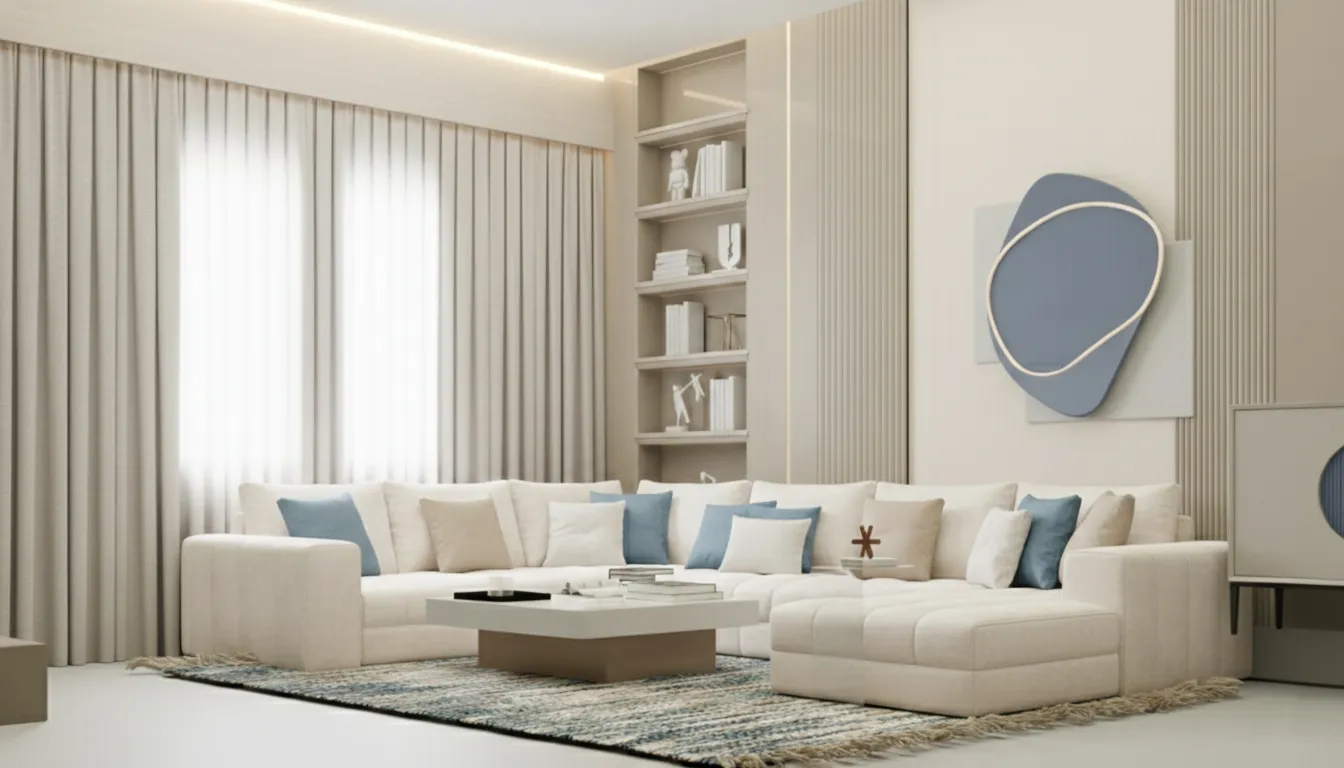 Premium living room interior design with elegant sofa, warm lighting and custom finishes by PITSAL Interio