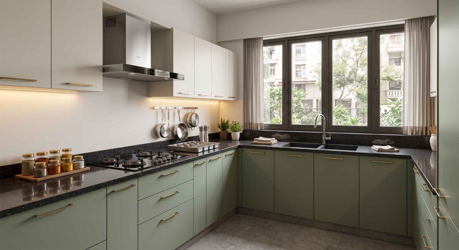 Modular kitchen cost in India — modern L-shaped kitchen with sage green cabinets and granite countertop