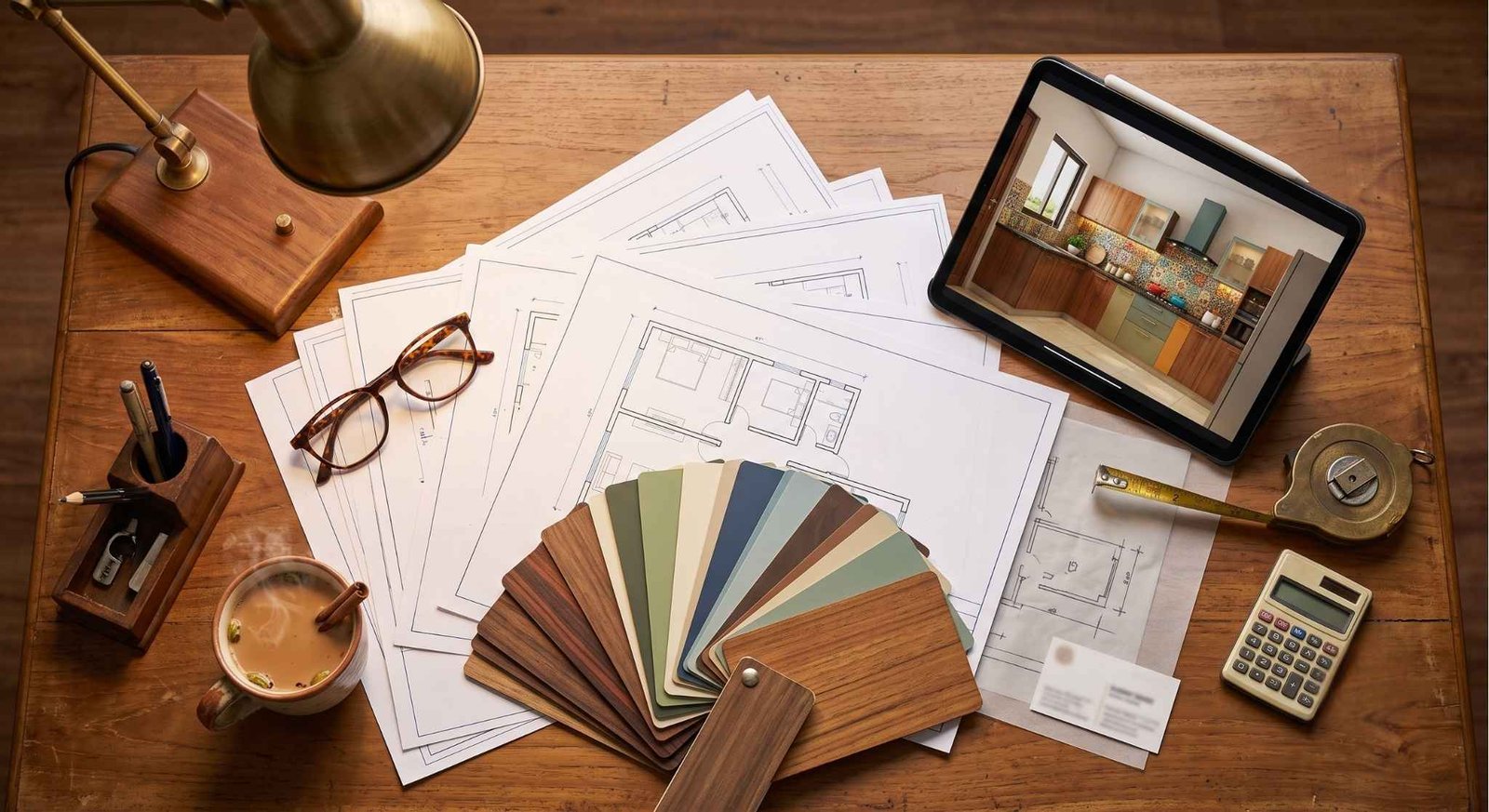 Interior design BOQ estimate planning with floor plans, material samples and 3D kitchen render
