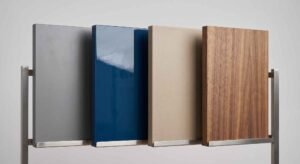 Kitchen shutter finishes compared — laminate, acrylic, membrane and veneer cabinet samples