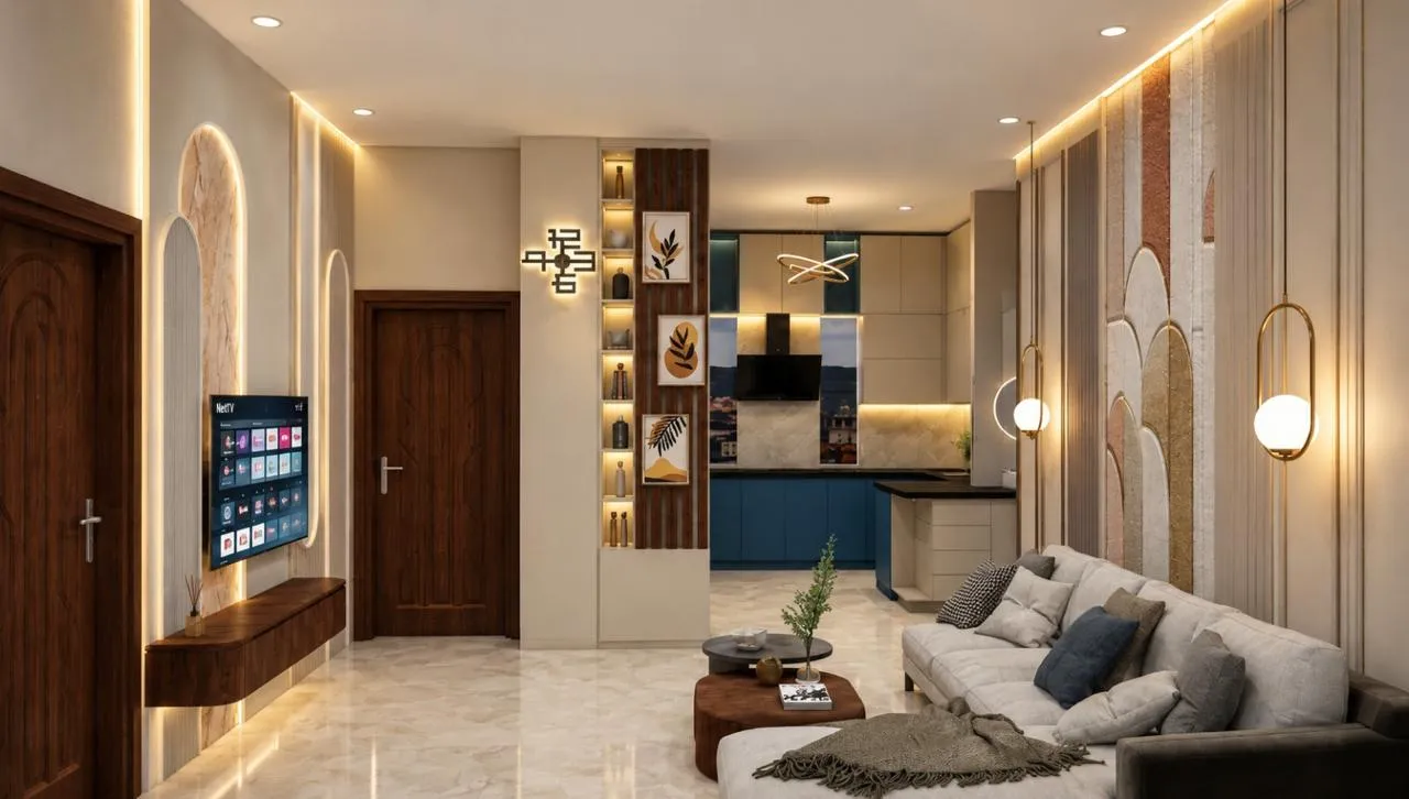 Living room with cove lighting, TV unit and open kitchen delivered as a turnkey interior project in India by PITSAL Interio