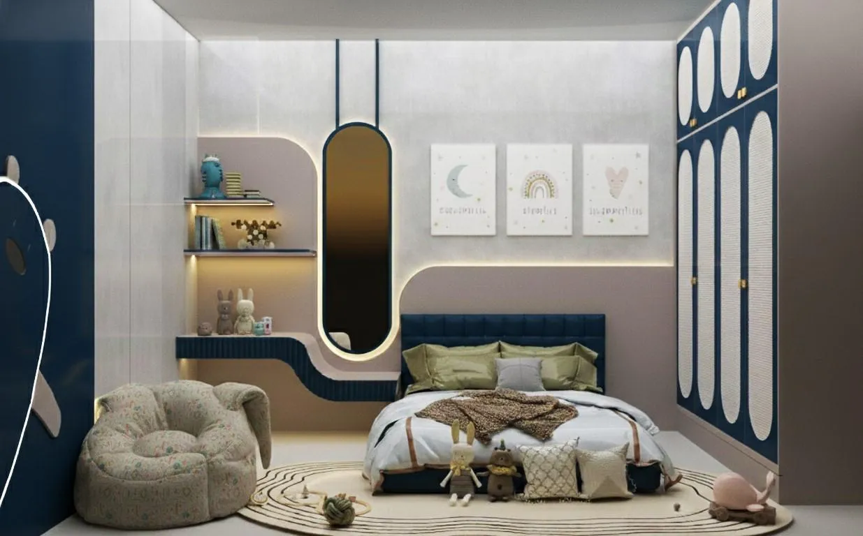 Kids bedroom delivered turnkey — wardrobe, study shelving, mirror, wall panelling and lighting coordinated by one team at PITSAL Interio