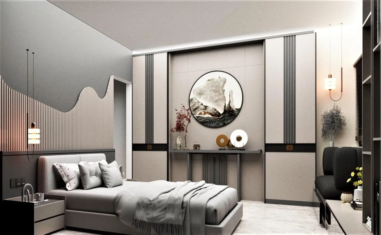 Guest-room style bedroom interior with wardrobe wall planned for durability and easy housekeeping by PITSAL Interio