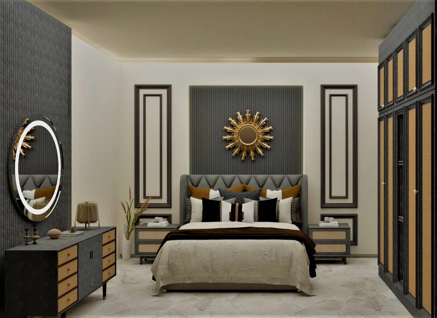 Bedroom interior with custom wardrobe and warm lighting by PITSAL Interio