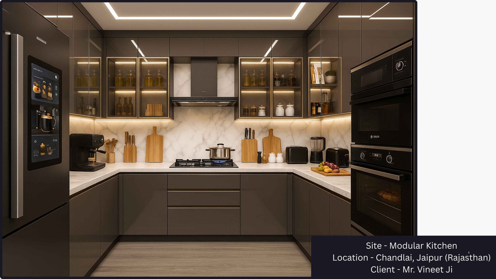 Luxury charcoal grey U-shaped modular kitchen in Jaipur by PITSAL Interio