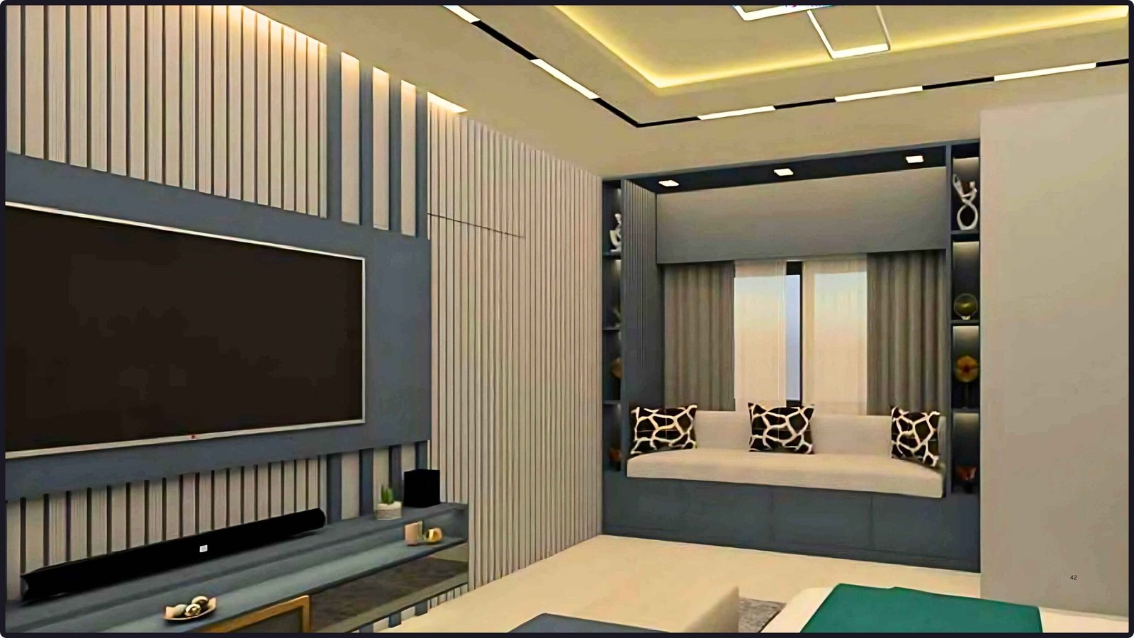 Modern bedroom TV unit with window seating by PITSAL Interio