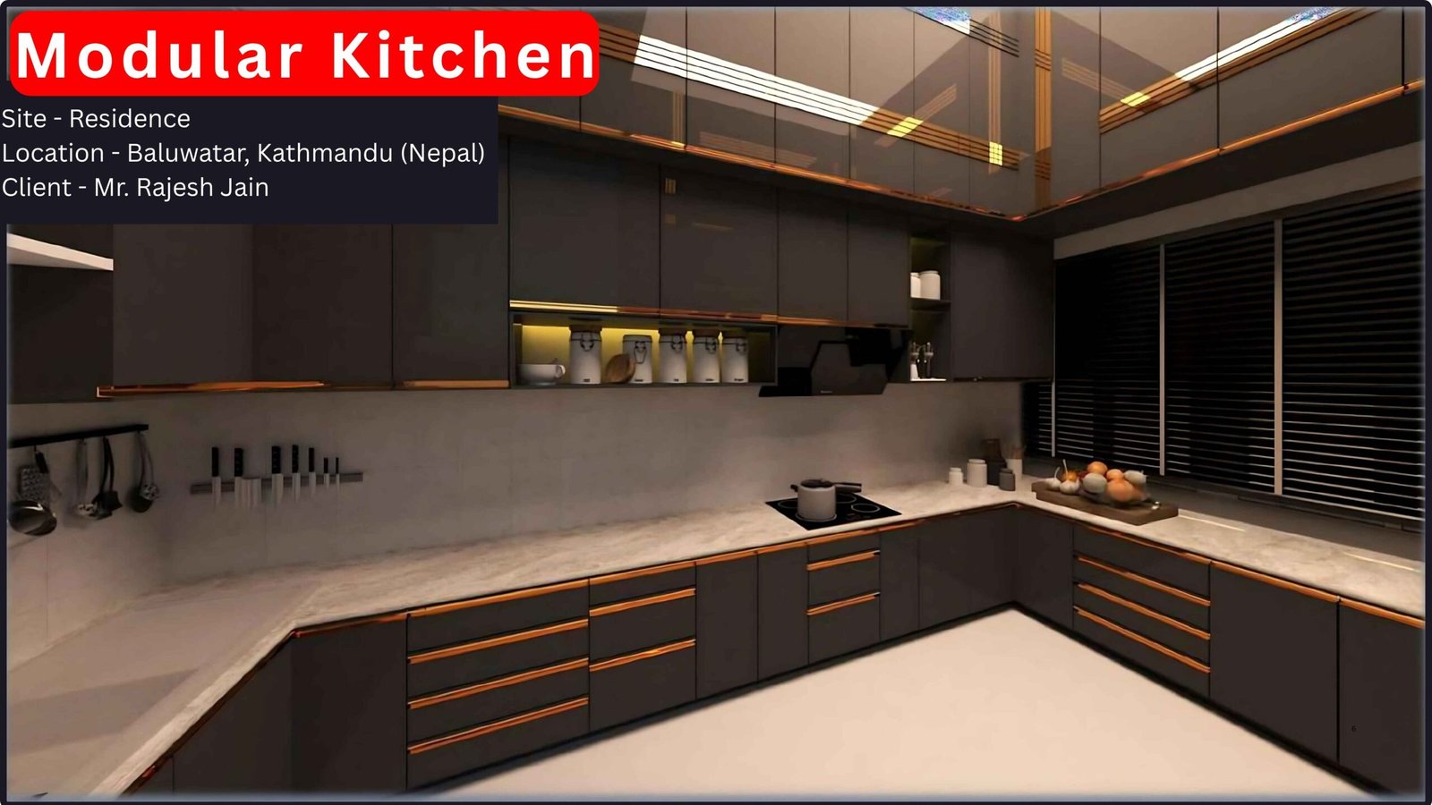 Modern dark grey modular kitchen with breakfast counter in Kathmandu by PITSAL Interio