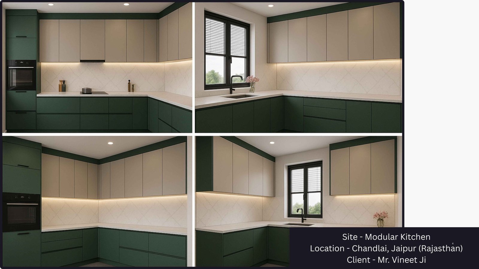 Modern green modular kitchen design in Chandlai Jaipur by PITSAL Interio