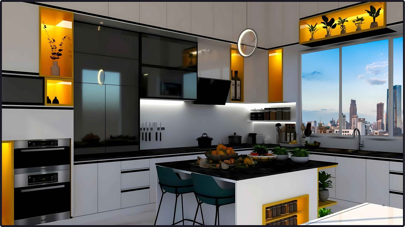 Modern island modular kitchen with yellow accent by PITSAL Interio