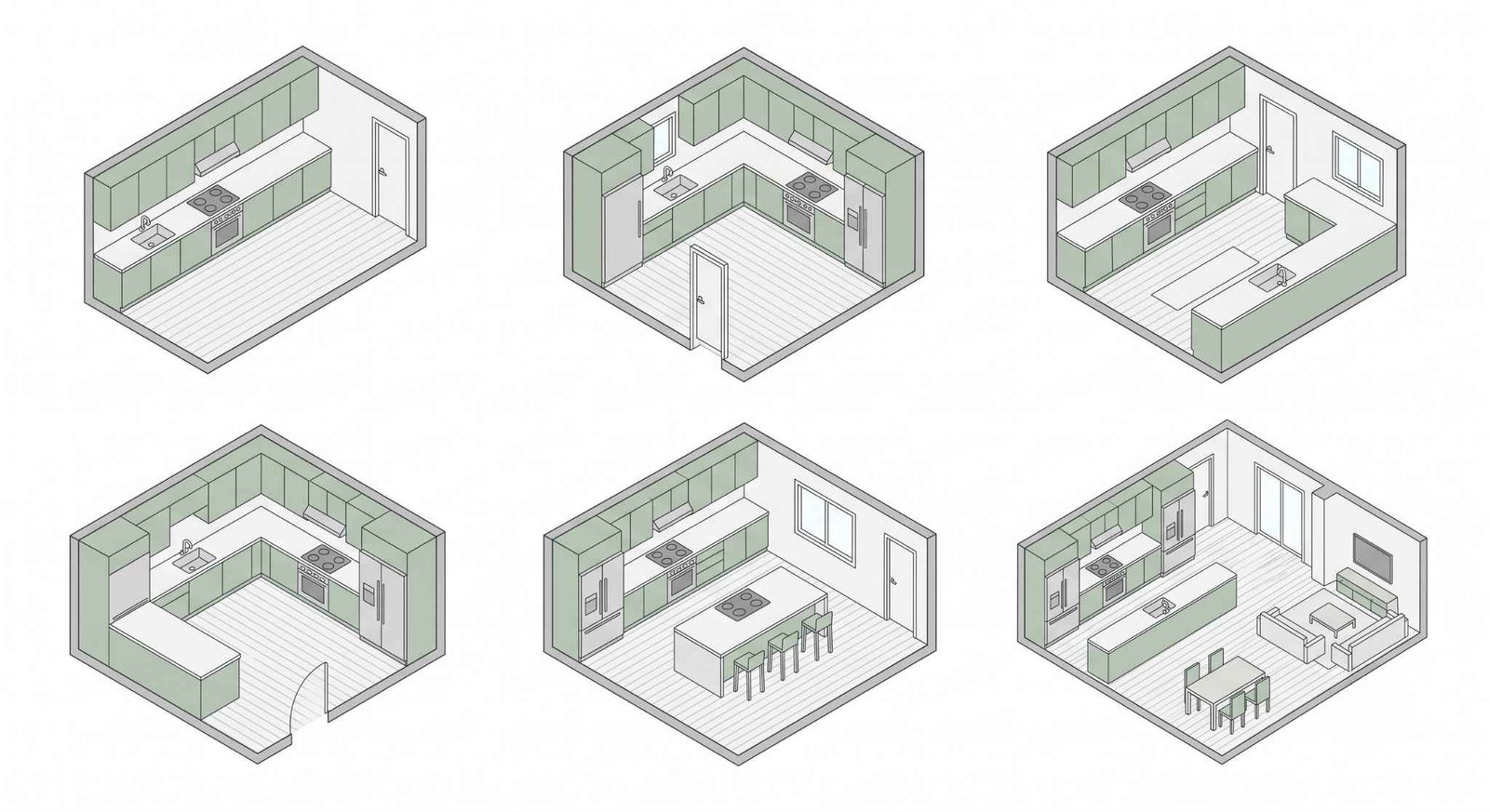 Six modular kitchen layouts compared — straight, L-shaped, parallel, U-shaped, island and open kitchen floor plans