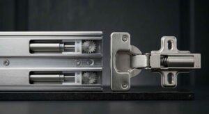 Soft-close kitchen drawer channel and cabinet hinge — branded hardware quality detail